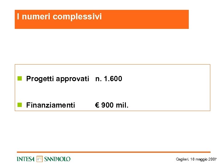 I numeri complessivi n Progetti approvati n. 1. 600 n Finanziamenti € 900 mil.