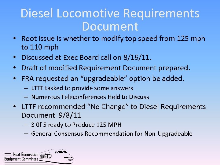 Diesel Locomotive Requirements Document • Root issue is whether to modify top speed from