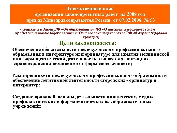 Ведомственный план организации законопроектных работ на 2008 год приказ Минздравсоцразвития России от 07. 02.