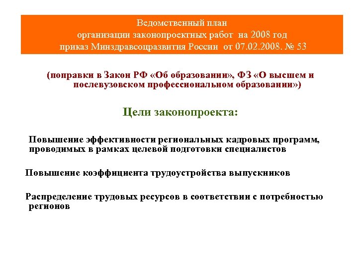 Ведомственный план организации законопроектных работ на 2008 год приказ Минздравсоцразвития России от 07. 02.