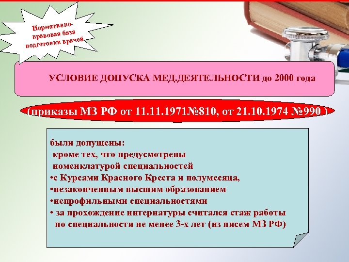 но. Норматив а Нормативно-правовая баз правовая чей абаза подготовки врачей отовки вр подг УСЛОВИЕ