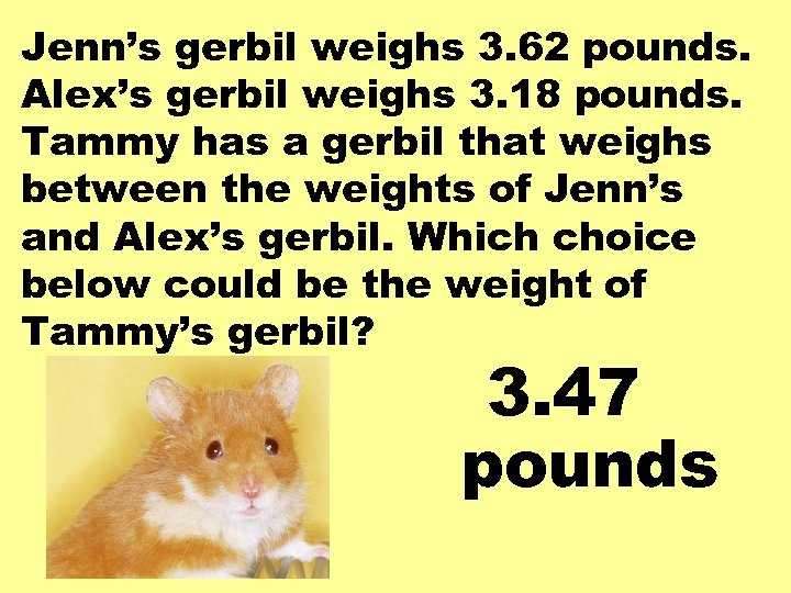 Jenn’s gerbil weighs 3. 62 pounds. Alex’s gerbil weighs 3. 18 pounds. Tammy has