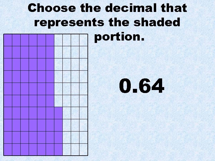Choose the decimal that represents the shaded portion. 0. 64 