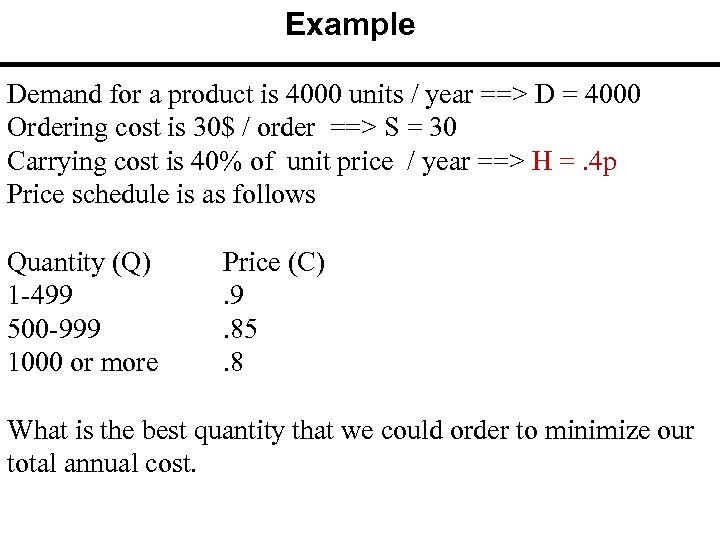 Example Demand for a product is 4000 units / year ==> D = 4000