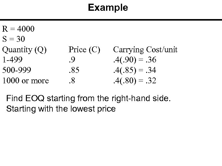 Example R = 4000 S = 30 Quantity (Q) 1 -499 500 -999 1000