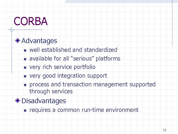 CORBA Advantages n n n well established and standardized available for all “serious” platforms