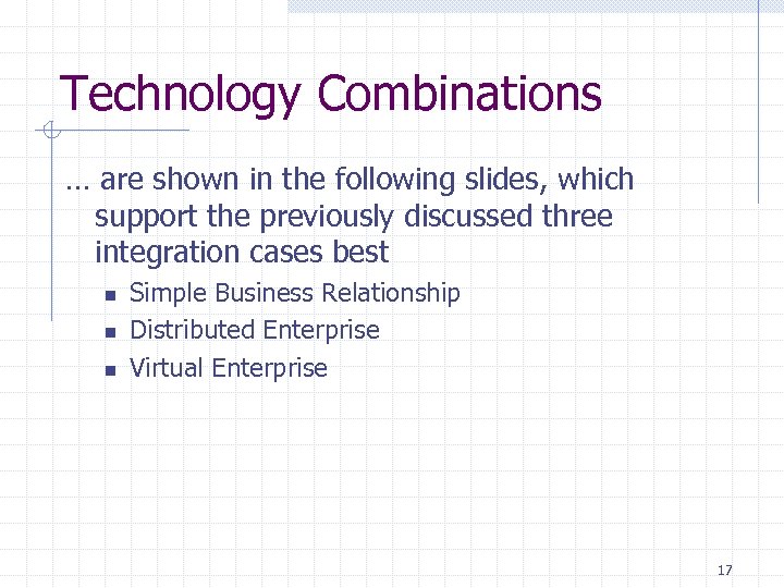 Technology Combinations … are shown in the following slides, which support the previously discussed