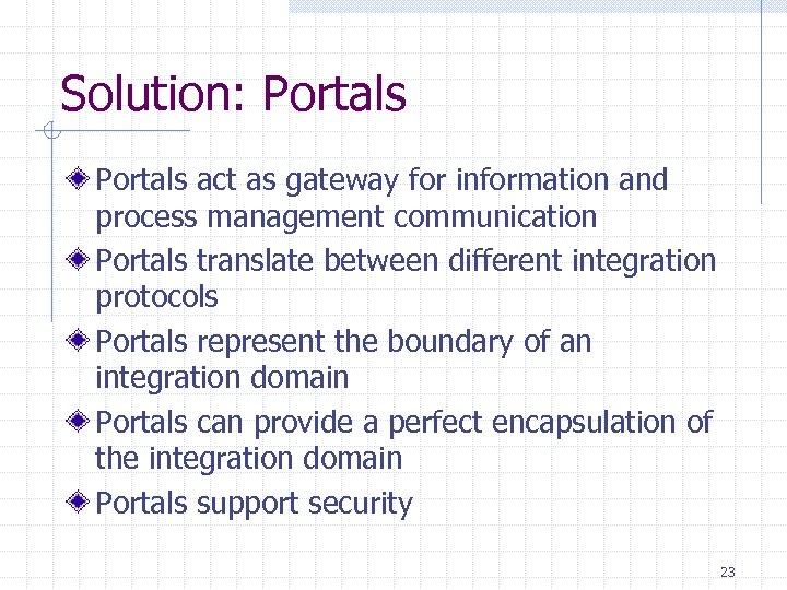 Solution: Portals act as gateway for information and process management communication Portals translate between
