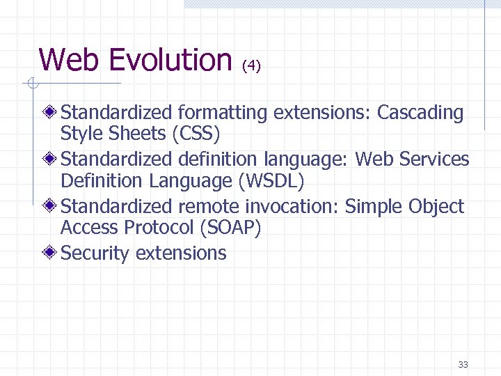 Web Evolution (4) Standardized formatting extensions: Cascading Style Sheets (CSS) Standardized definition language: Web