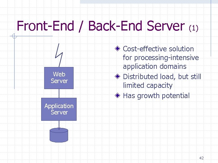 Front-End / Back-End Server Web Server (1) Cost-effective solution for processing-intensive application domains Distributed