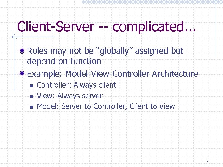 Client-Server -- complicated. . . Roles may not be “globally” assigned but depend on