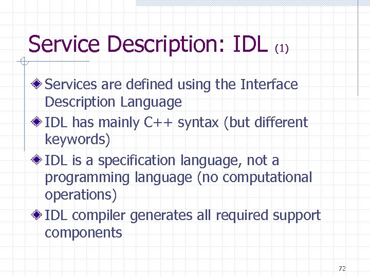 Service Description: IDL (1) Services are defined using the Interface Description Language IDL has