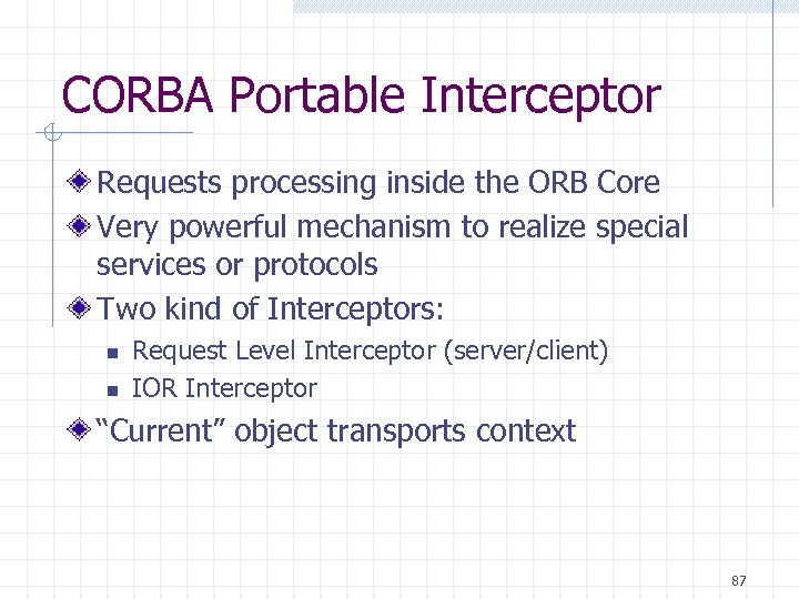 CORBA Portable Interceptor Requests processing inside the ORB Core Very powerful mechanism to realize