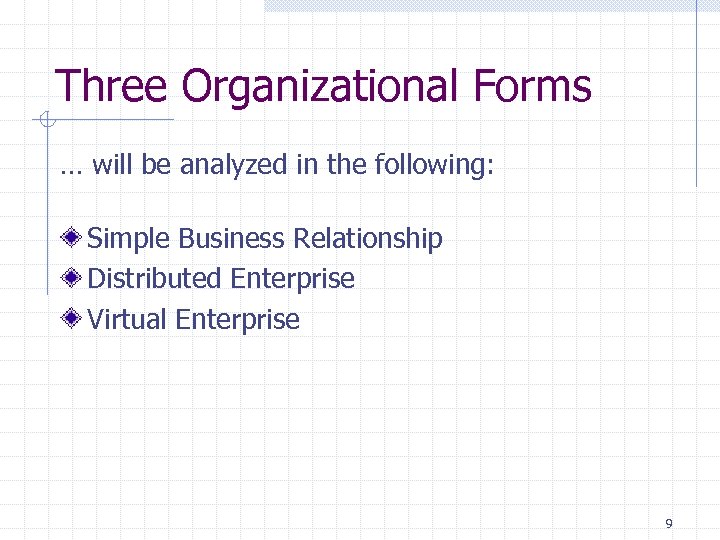 Three Organizational Forms … will be analyzed in the following: Simple Business Relationship Distributed