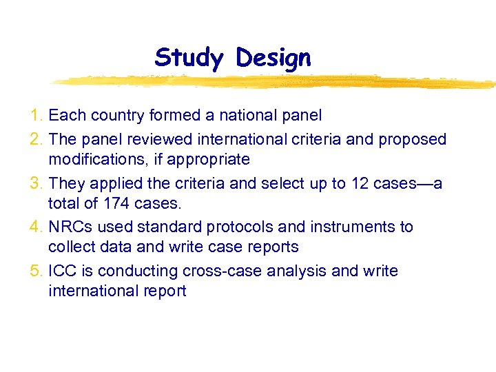 Study Design 1. Each country formed a national panel 2. The panel reviewed international