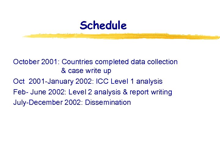 Schedule October 2001: Countries completed data collection & case write up Oct 2001 -January