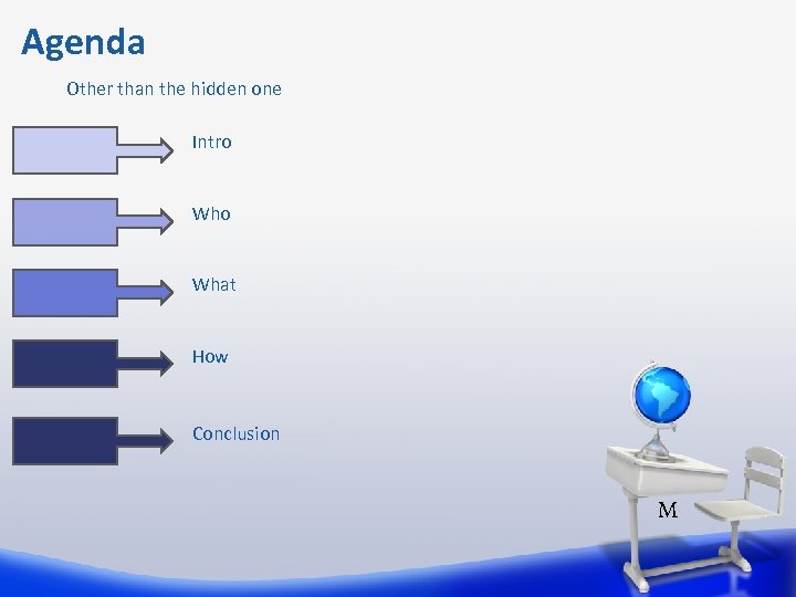 Agenda Other than the hidden one Intro What How Conclusion M 