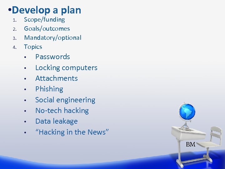  • Develop a plan 1. 2. 3. 4. Scope/funding Goals/outcomes Mandatory/optional Topics •