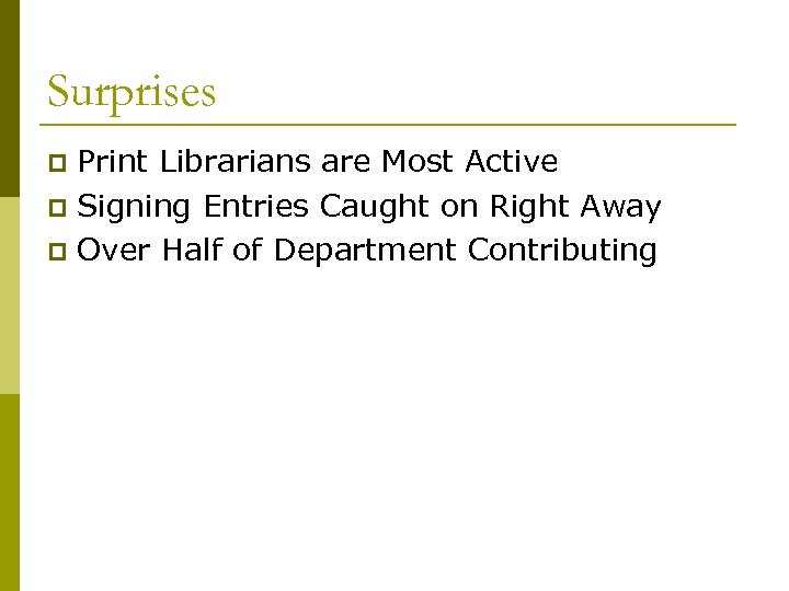 Surprises Print Librarians are Most Active p Signing Entries Caught on Right Away p
