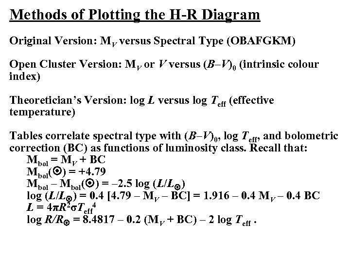 Methods of Plotting the H-R Diagram Original Version: MV versus Spectral Type (OBAFGKM) Open