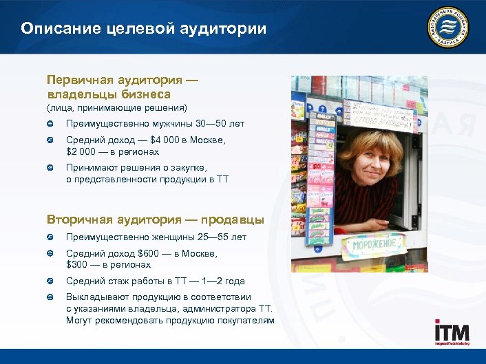 Описание целевой аудитории Первичная аудитория — владельцы бизнеса (лица, принимающие решения) Преимущественно мужчины 30—