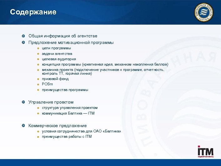 Содержание Общая информация об агентстве Предложение мотивационной программы цели программы задачи агентства целевая аудитория
