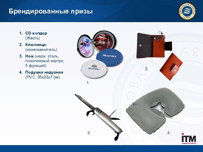 Брендированные призы 1. CD-холдер (Жесть) 2. Ключница. (кожезамнитель) 3. Нож (нерж. сталь, пластиковый корпус,