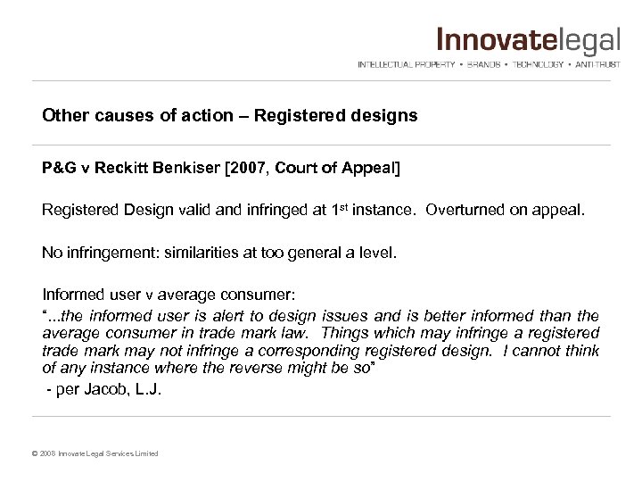 Other causes of action – Registered designs P&G v Reckitt Benkiser [2007, Court of