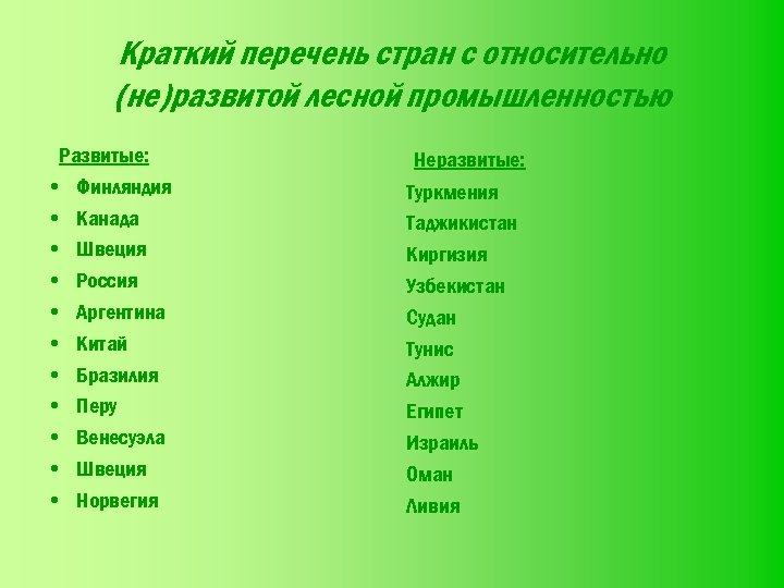 Краткий перечень стран с относительно (не)развитой лесной промышленностью Развитые: • Финляндия • Канада •