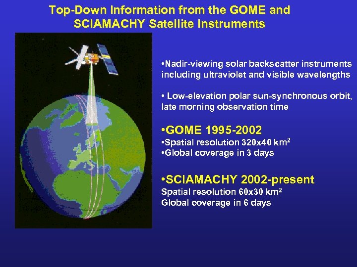 Top-Down Information from the GOME and SCIAMACHY Satellite Instruments • Nadir-viewing solar backscatter instruments