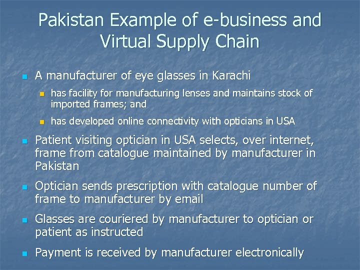Pakistan Example of e-business and Virtual Supply Chain n A manufacturer of eye glasses