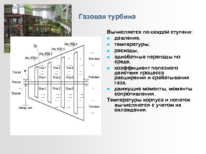 Газовая турбина Вычисляется по каждой ступени: давление, температуры, расходы, адиабатные перепады по среде, коэффициент