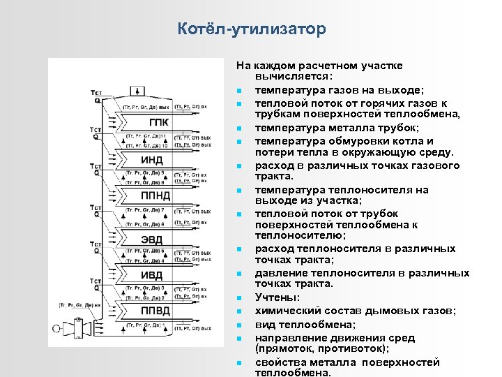 Котёл-утилизатор На каждом расчетном участке вычисляется: температура газов на выходе; тепловой поток от горячих