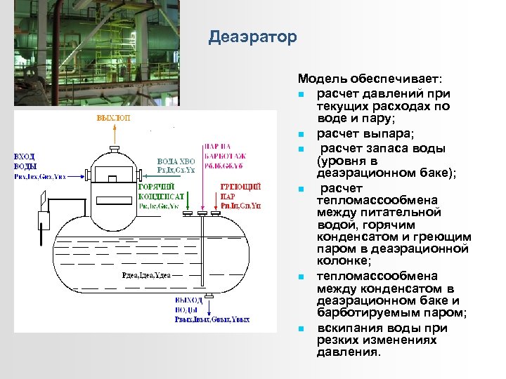 Деаэратор Модель обеспечивает: расчет давлений при текущих расходах по воде и пару; расчет выпара;