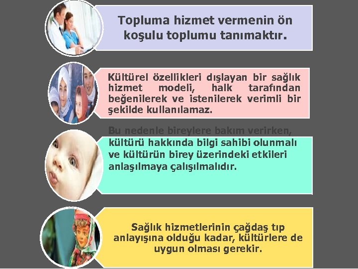 Topluma hizmet vermenin ön koşulu toplumu tanımaktır. Kültürel özellikleri dışlayan bir sağlık hizmet modeli,