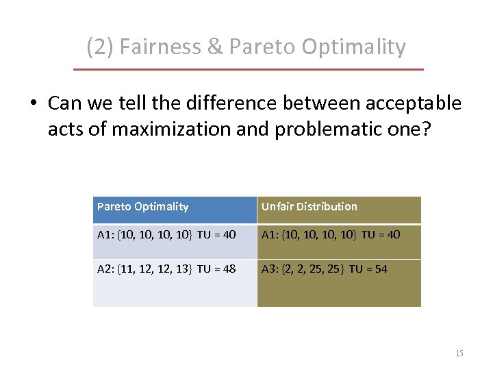 (2) Fairness & Pareto Optimality • Can we tell the difference between acceptable acts