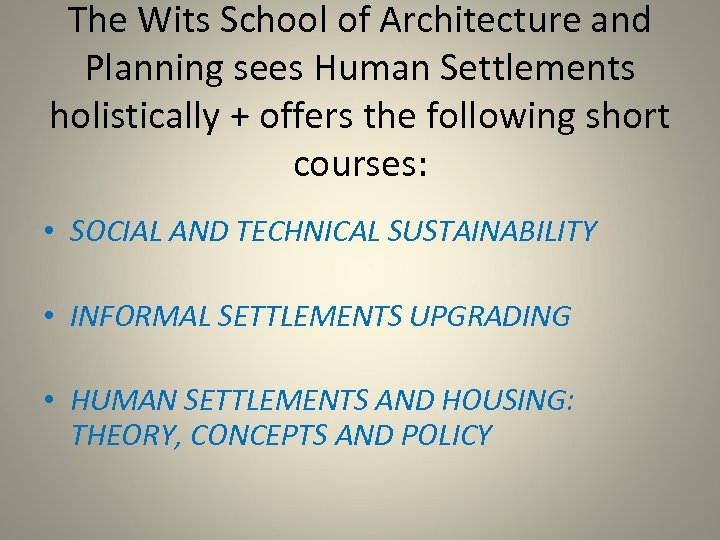 The Wits School of Architecture and Planning sees Human Settlements holistically + offers the