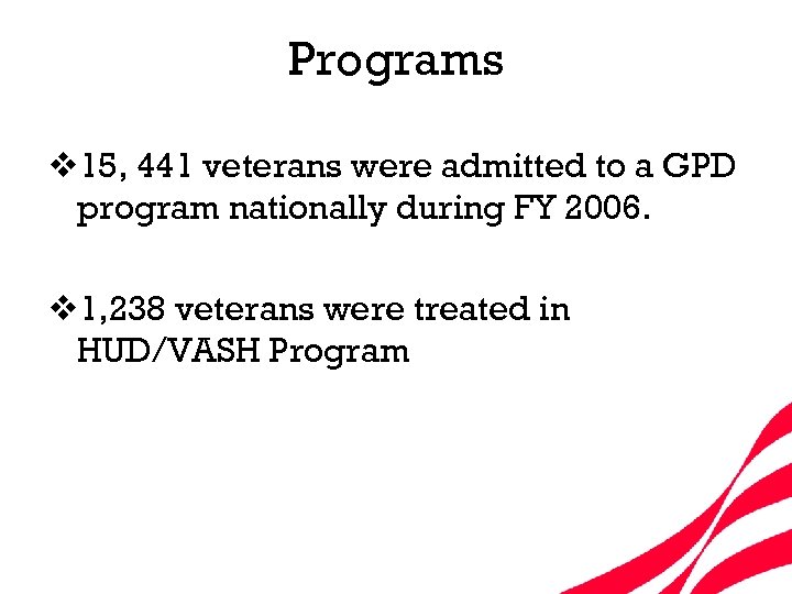 Programs v 15, 441 veterans were admitted to a GPD program nationally during FY