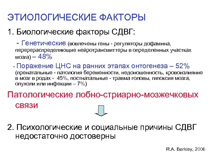 ЭТИОЛОГИЧЕСКИЕ ФАКТОРЫ 1. Биологические факторы СДВГ: - Генетические (вовлечены гены - регуляторы дофамина, перерераспределяющие