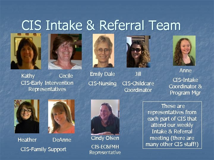 CIS Intake & Referral Team Kathy Cecile CIS-Early Intervention Representatives Heather De. Anne CIS-Family