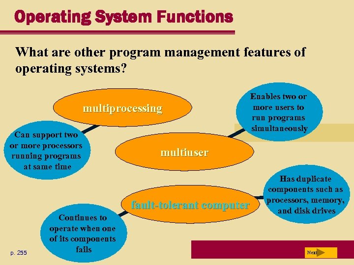 Operating System Functions What are other program management features of operating systems? multiprocessing Can