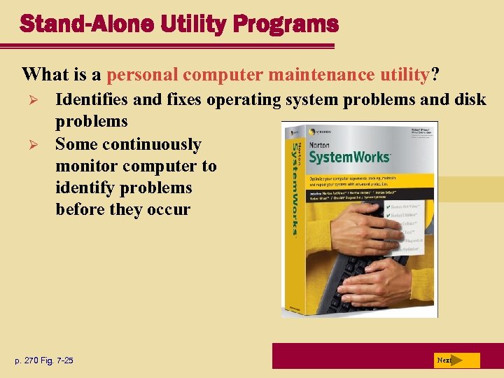 Stand-Alone Utility Programs What is a personal computer maintenance utility? Ø Ø Identifies and