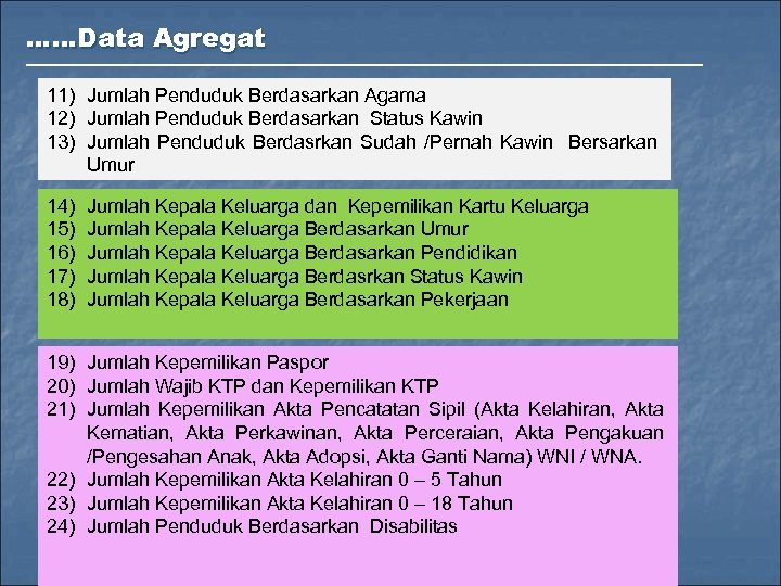 ……Data Agregat 11) Jumlah Penduduk Berdasarkan Agama 12) Jumlah Penduduk Berdasarkan Status Kawin 13)
