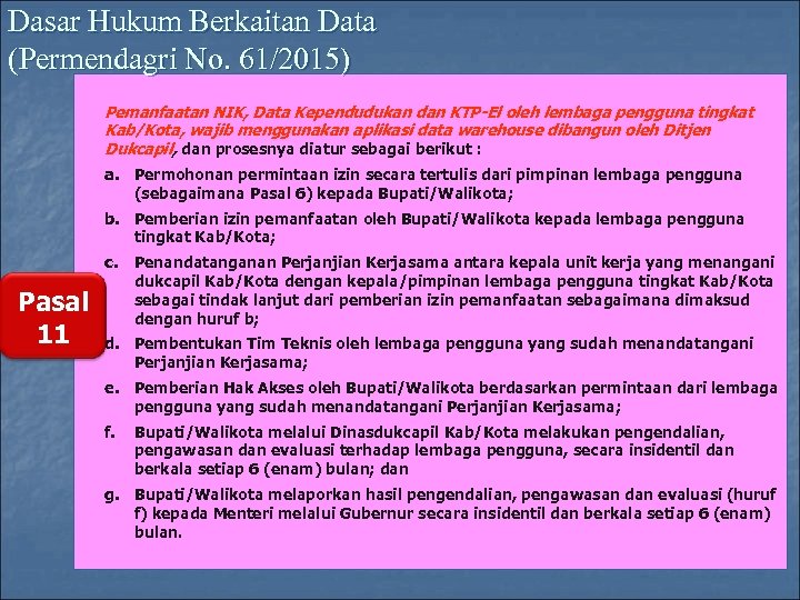 Dasar Hukum Berkaitan Data (Permendagri No. 61/2015) Pemanfaatan NIK, Data Kependudukan dan KTP-El oleh