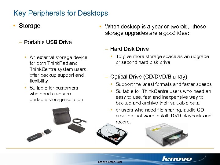 Key Peripherals for Desktops • Storage • When desktop is a year or two