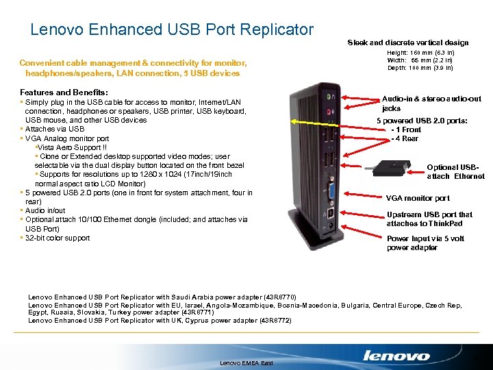 Lenovo Enhanced USB Port Replicator Sleek and discrete vertical design Convenient cable management &
