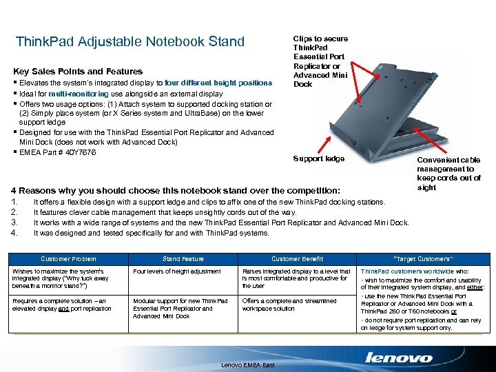 Think. Pad Adjustable Notebook Stand Key Sales Points and Features § Elevates the system’s
