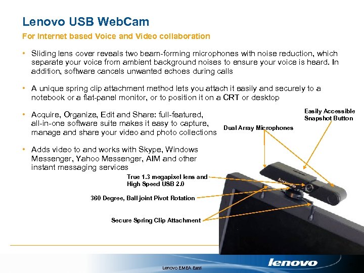 Lenovo USB Web. Cam For Internet based Voice and Video collaboration • Sliding lens
