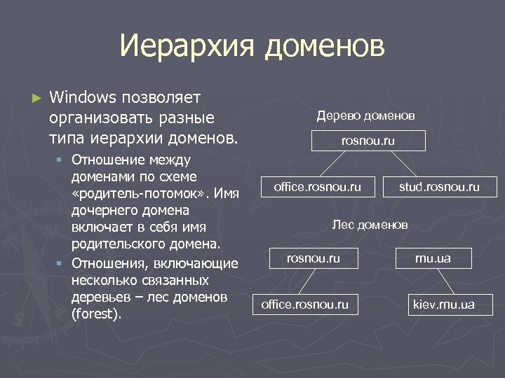 Иерархия доменов ► Windows позволяет организовать разные типа иерархии доменов. § Отношение между доменами