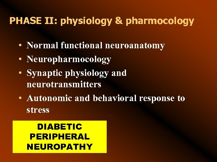 PHASE II: physiology & pharmocology • Normal functional neuroanatomy • Neuropharmocology • Synaptic physiology